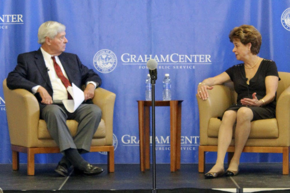 <p>Bob Graham, former Governor of Florida and United States Senator, and Martha Barnett, former President of the American Bar Association, sit down in Pugh Hall on Wednesday night to discuss the importance of civic engagement.</p>