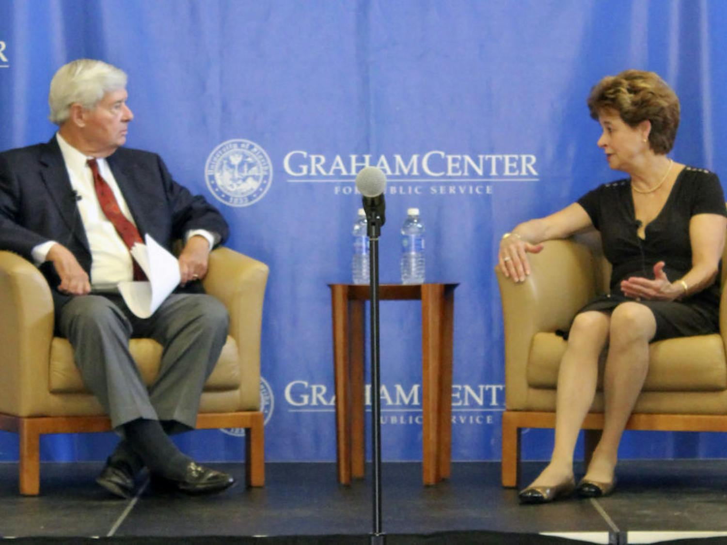 Bob Graham, former Governor of Florida and United States Senator, and Martha Barnett, former President of the American Bar Association, sit down in Pugh Hall on Wednesday night to discuss the importance of civic engagement.