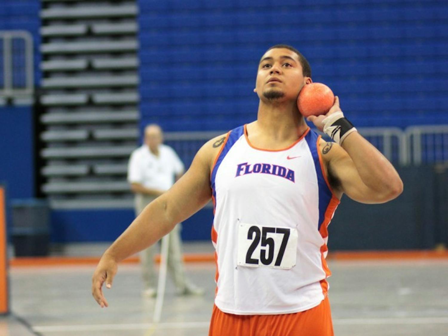 With football season over, Gators freshman fullback Hunter Joyer made his debut for the track and field team Sunday, taking home fifth in the shot put at the Gator Invite.