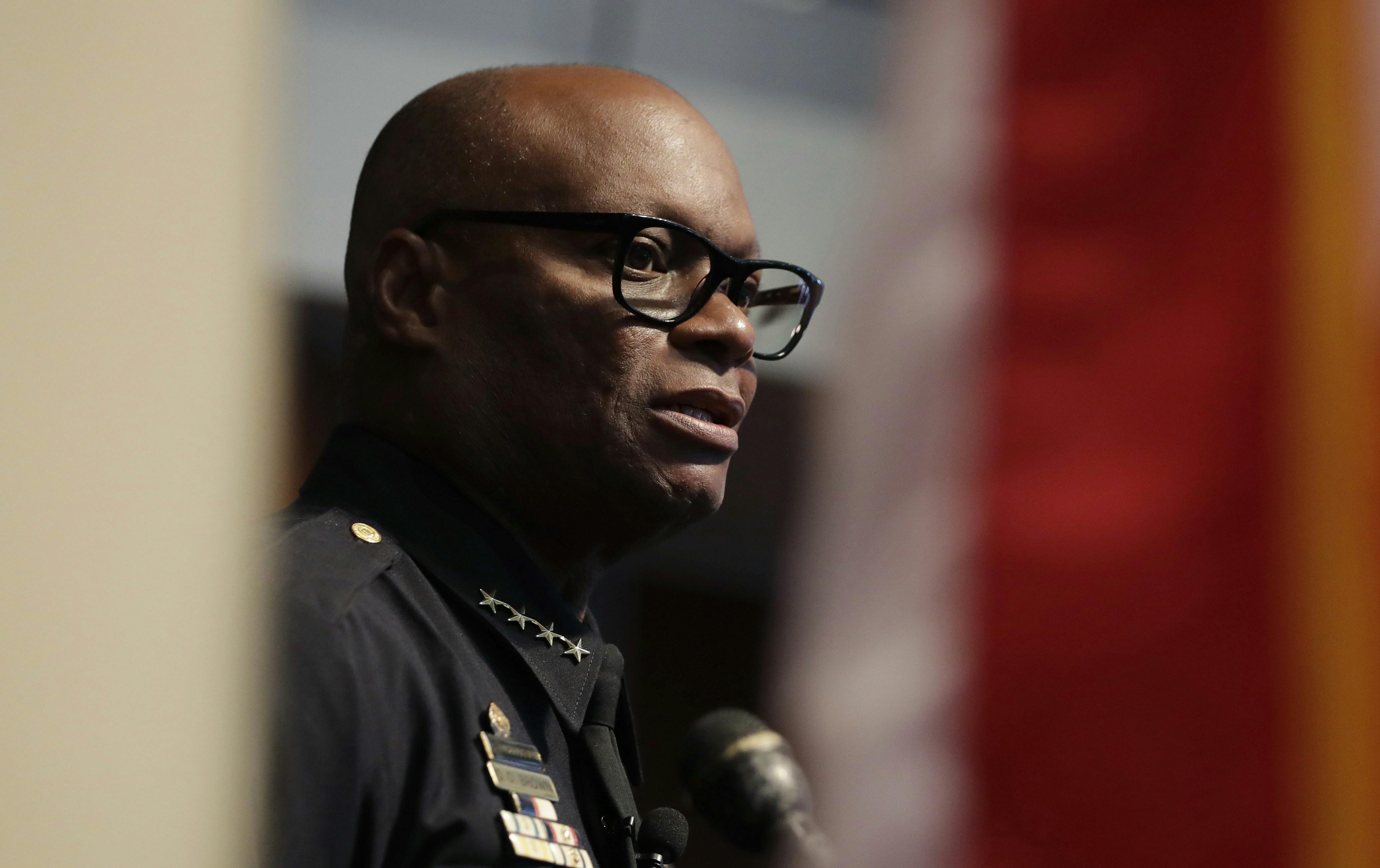 Dallas Police Chief David Brown answers questions during a news conference, Monday, July 11, 2016, in Dallas. Five police officers were killed and several injured during a shooting in downtown Dallas last week. (AP Photo/Eric Gay)