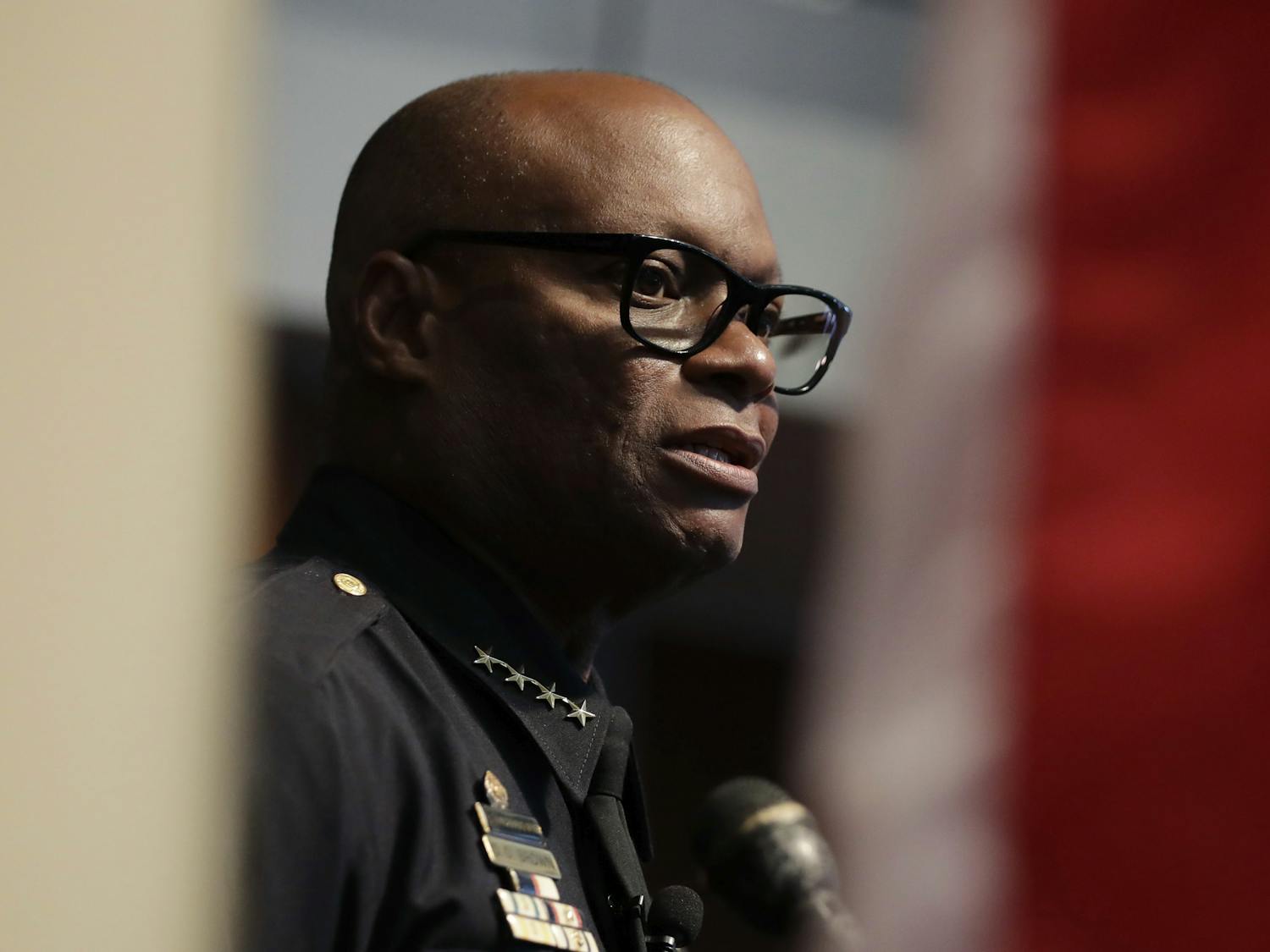 Dallas Police Chief David Brown answers questions during a news conference, Monday, July 11, 2016, in Dallas. Five police officers were killed and several injured during a shooting in downtown Dallas last week. (AP Photo/Eric Gay)