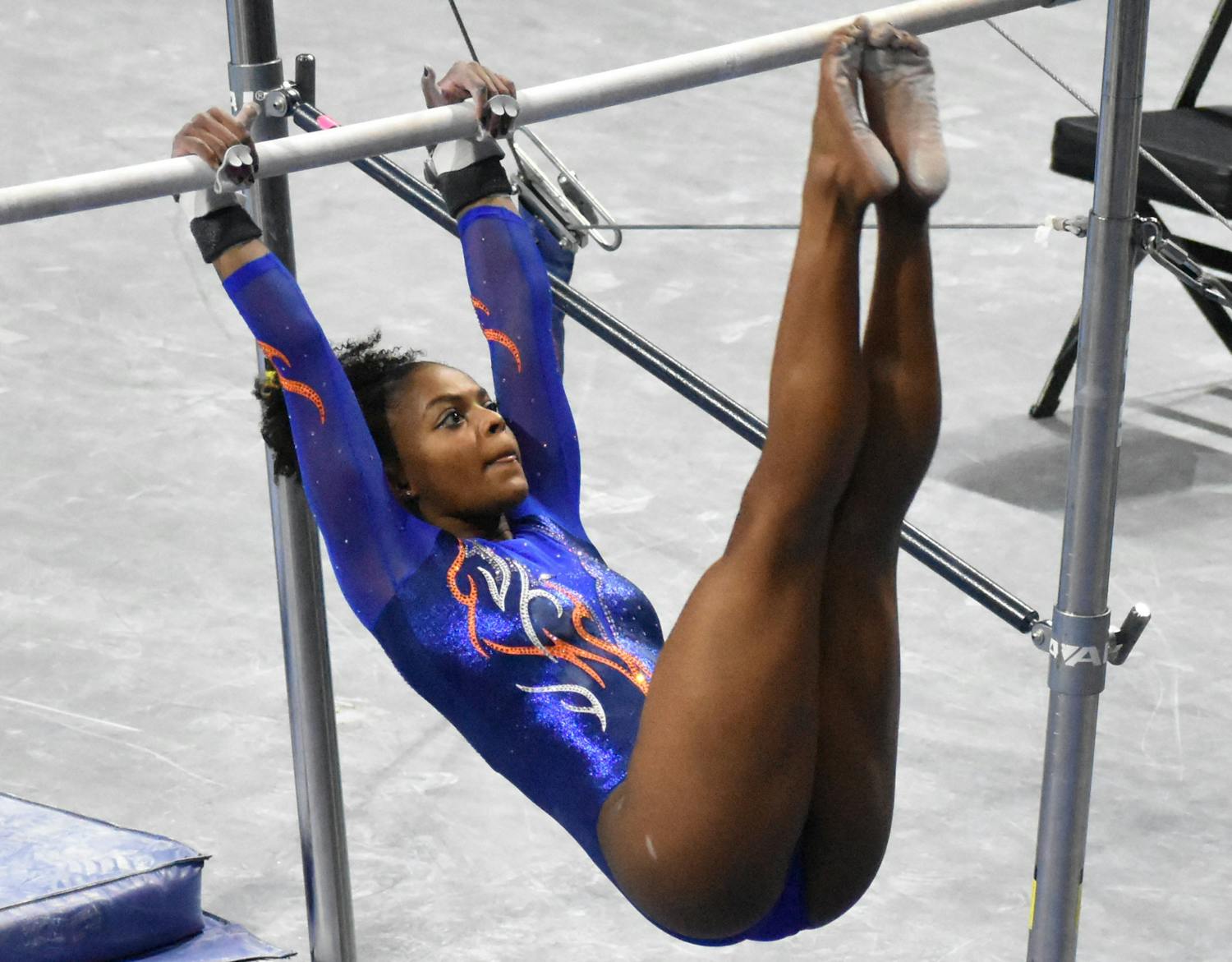 Trinity Thomas only performed on bars at the SEC Championships. Photo from UF-Mizzou meet Jan. 29.