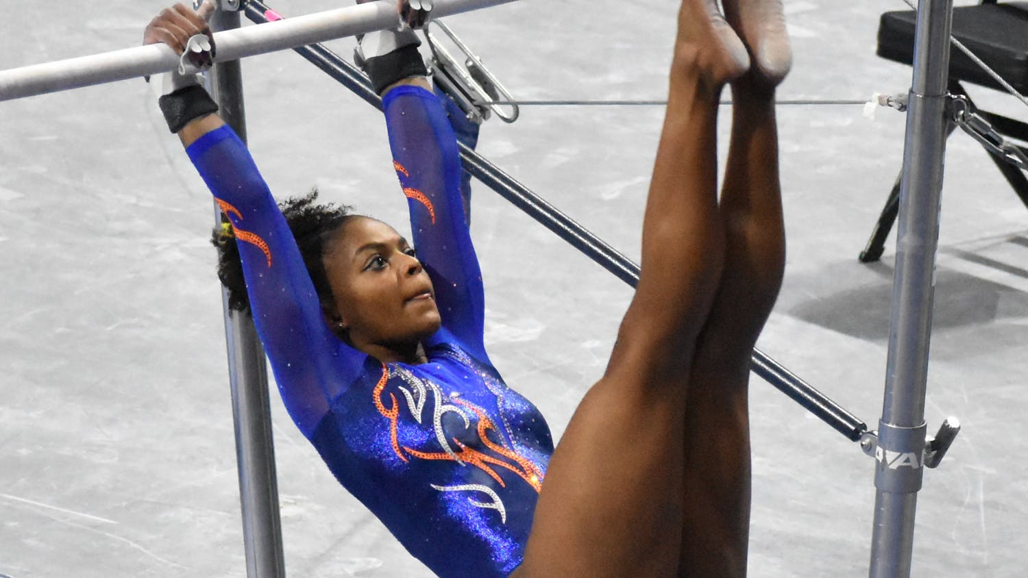 Trinity Thomas only performed on bars at the SEC Championships. Photo from UF-Mizzou meet Jan. 29.
