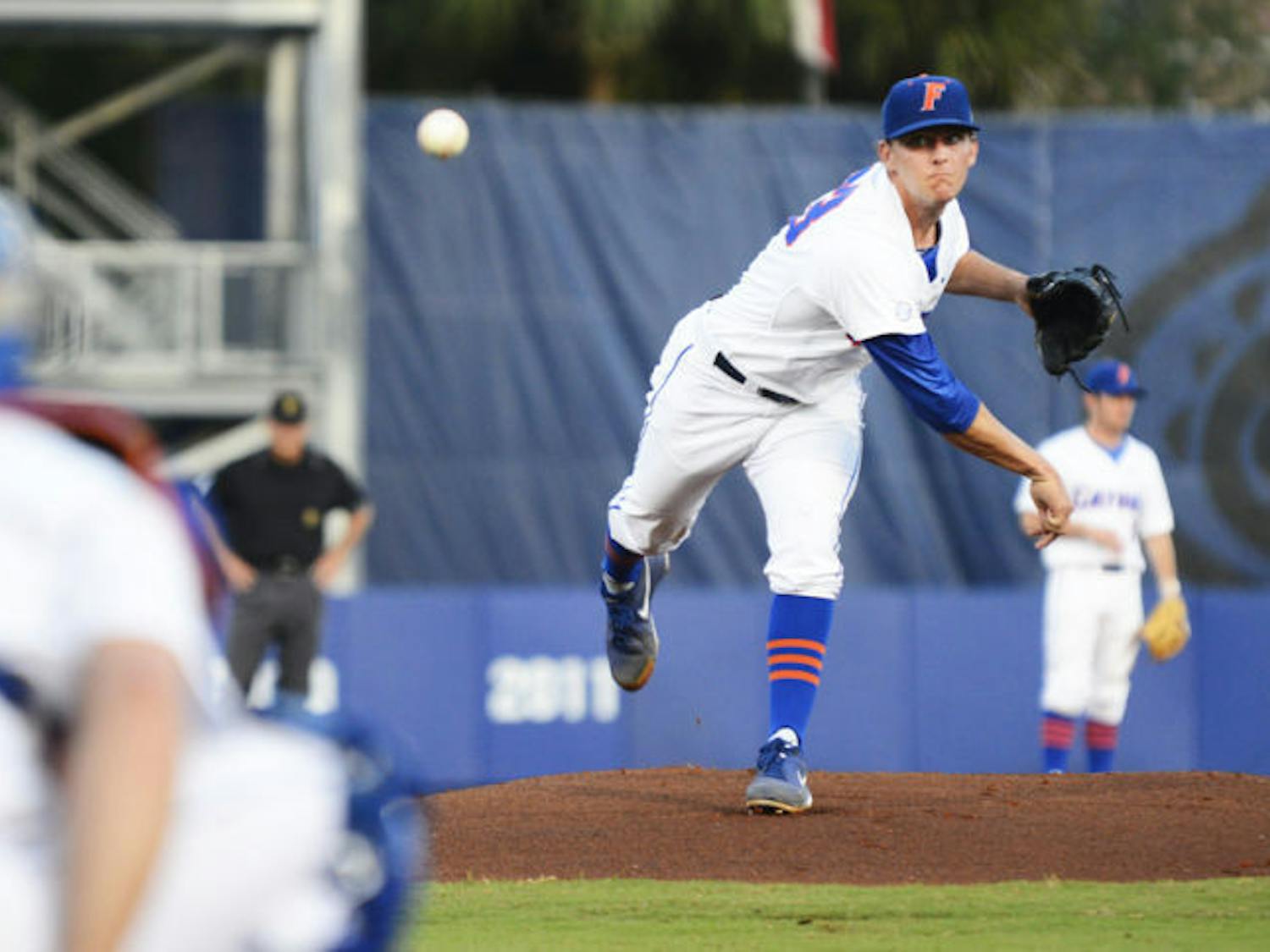 Junior Jonathon Crawford warms up on the mound during Florida’s 3-2 win against South Carolina on April 11 at McKethan Stadium. Crawford and No. 3 seed Florida will face No. 2 seed Austin Peay in its first NCAA Tournament game on Friday. 