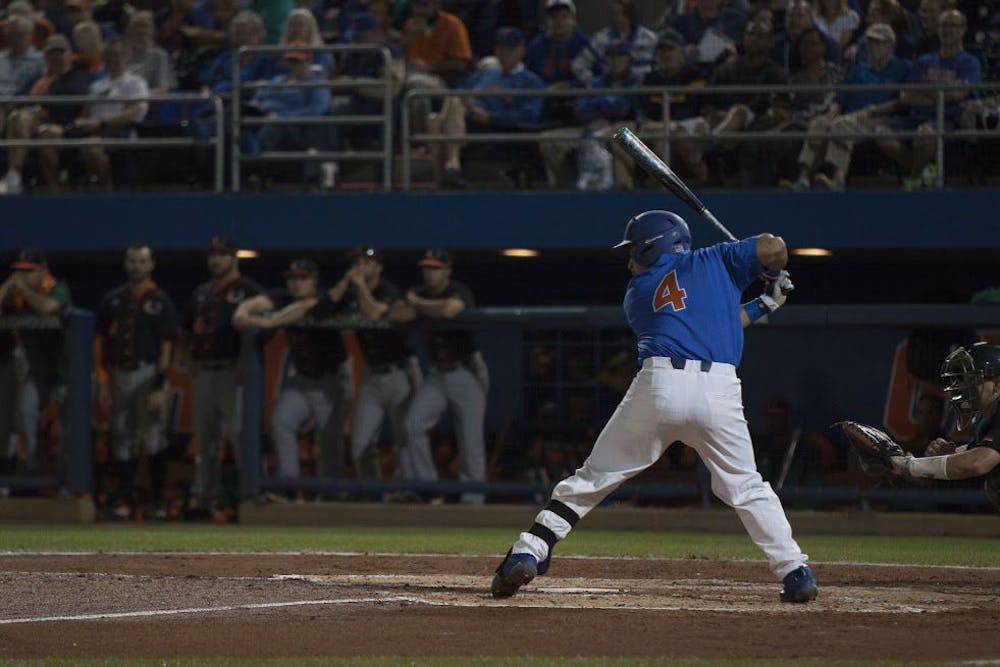 <p>UF catcher Mike Rivera bats during Florida's 2-0 win against Miami on Feb. 25, 2017, at McKethan Stadium.&nbsp;</p>