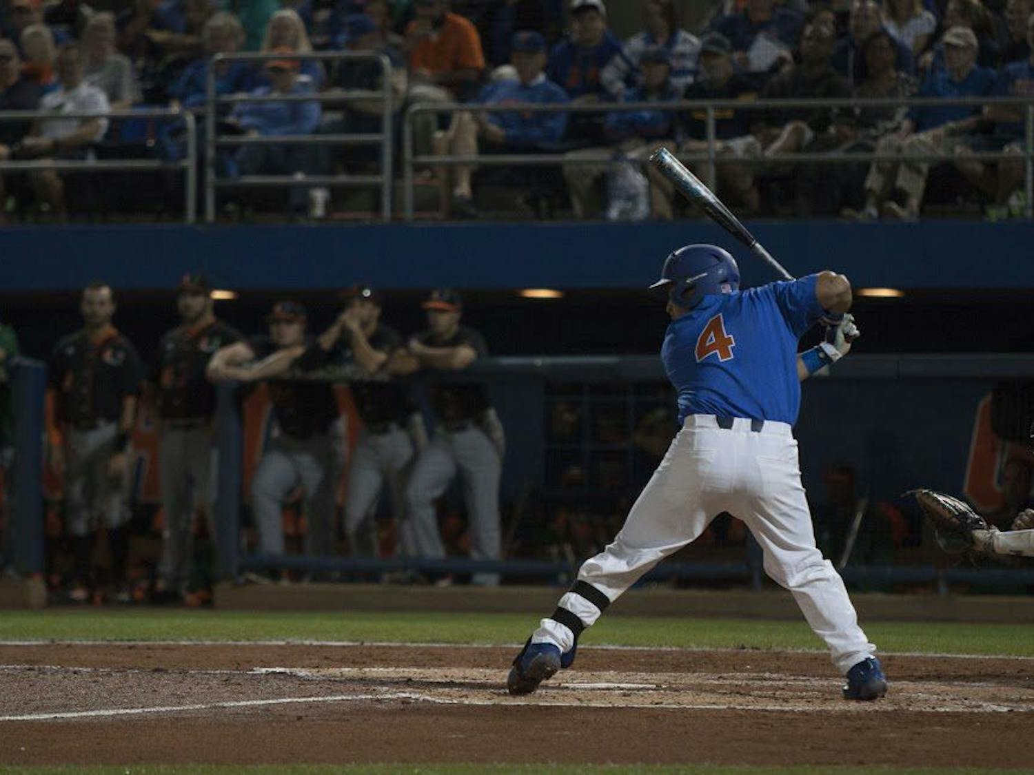 UF catcher Mike Rivera bats during Florida's 2-0 win against Miami on Feb. 25, 2017, at McKethan Stadium. 