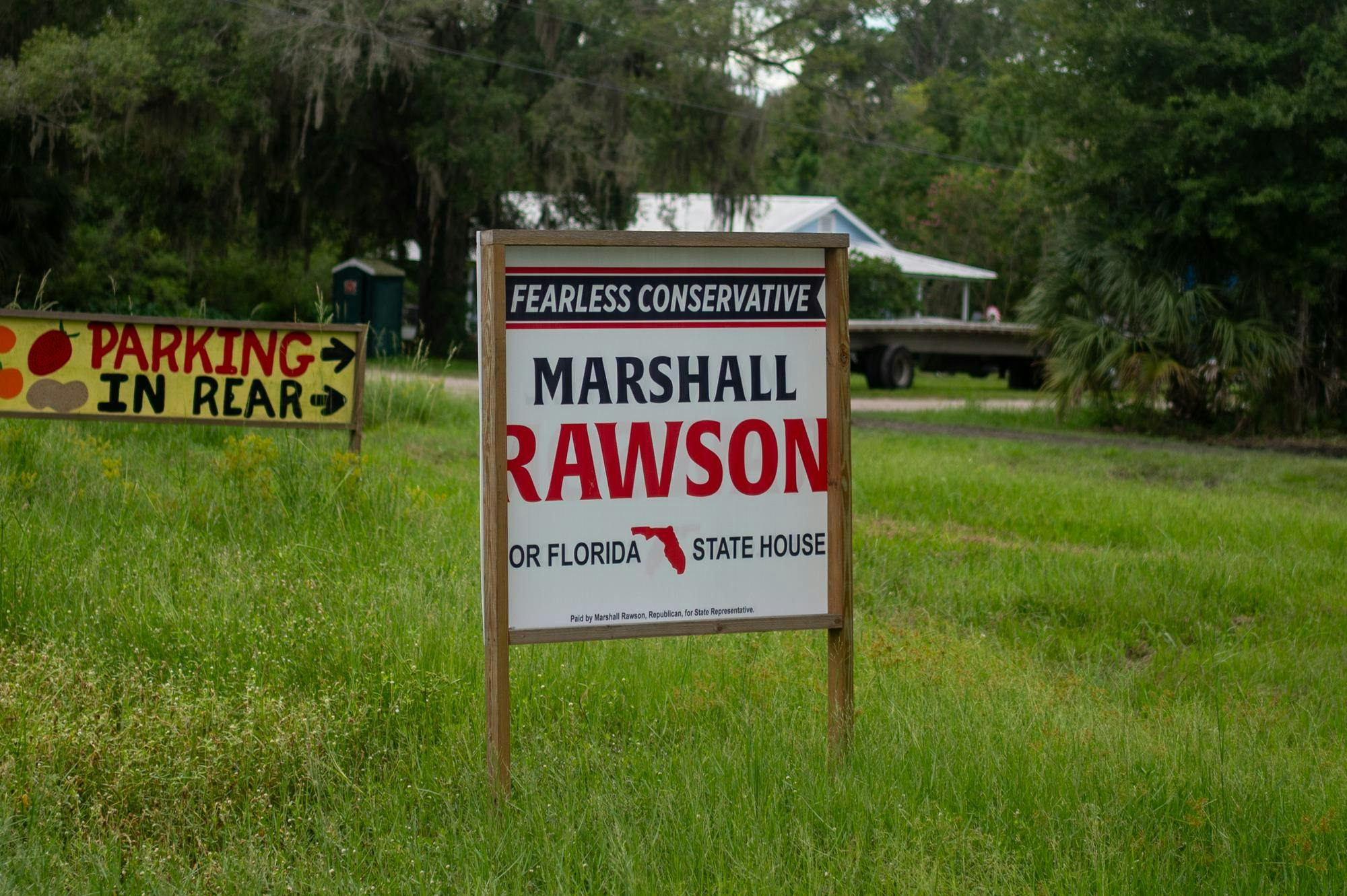 A sign for Marshall Rawson stands on the side of the road, Wednesday, Sept. 9, 2026, in  Lawtey, Fla.