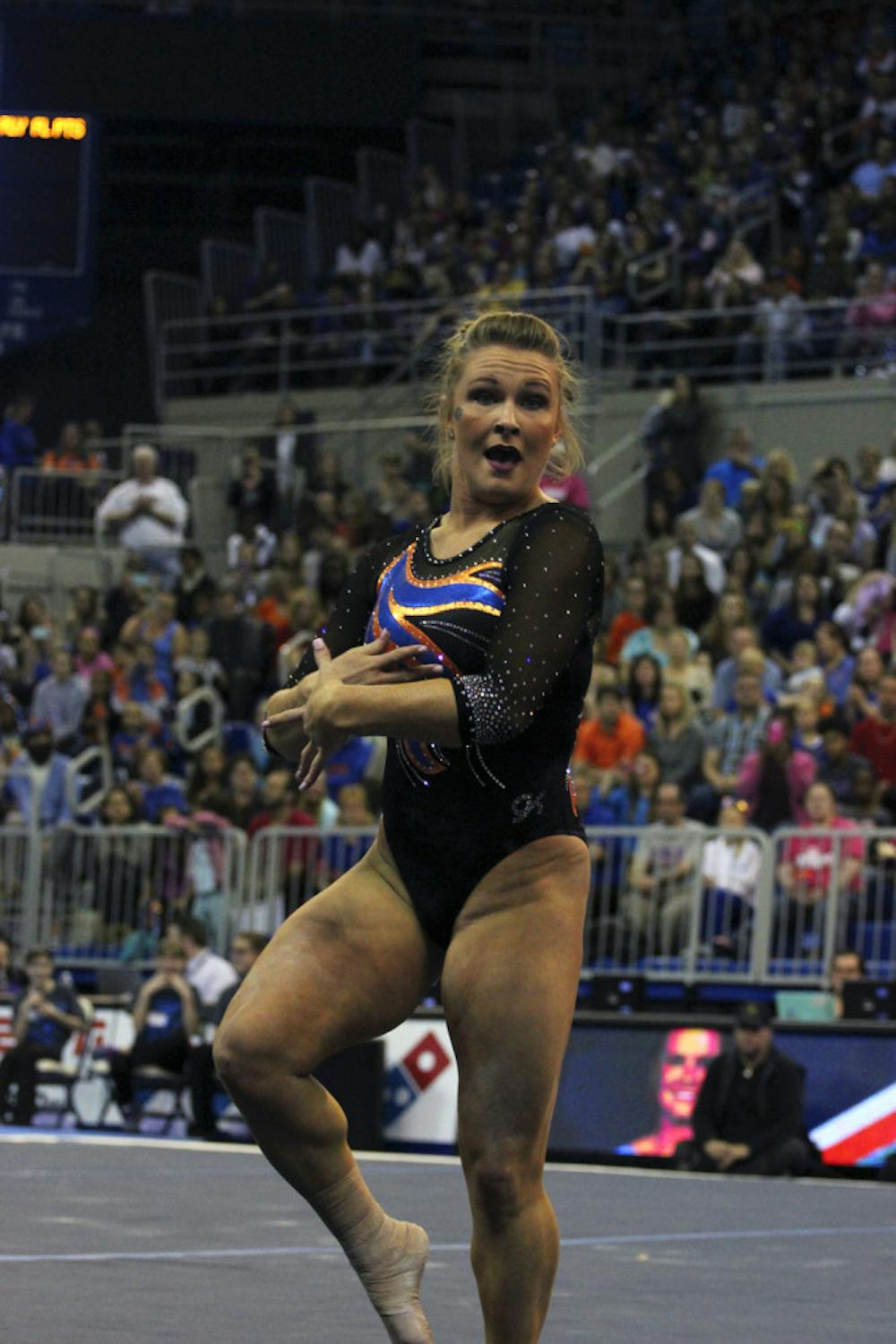 <p>Bridget Sloan performs her floor routine during Florida's loss to LSU on Feb. 26, 2016, in the O'Connell Center.</p>