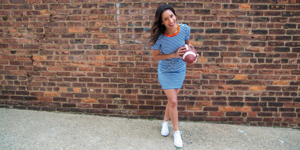 JaneHudson owner Kristin Celano in the JaneHudson “Betty” T-shirt dress 