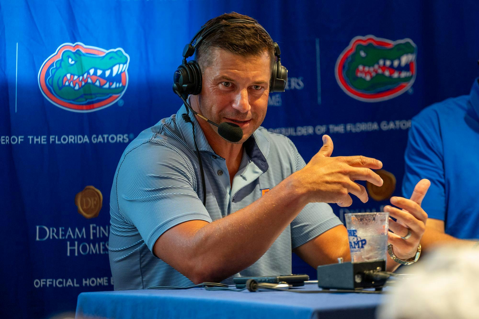 Florida head coach John Sumrall speaks at “Gator Talks” inside the Swamp Restaurant, Monday, Aug. 31, 2026, in Gainesville, Fla.