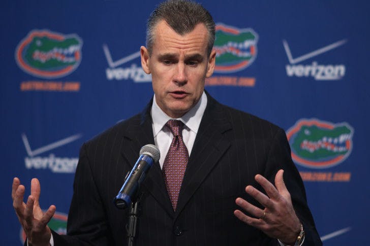 Coach Billy Donovan speaks during the Florida men’s basketball team’s annual media day at the University Women’s Club on Wednesday. The Gators will be missing several key players when practice opens Friday.