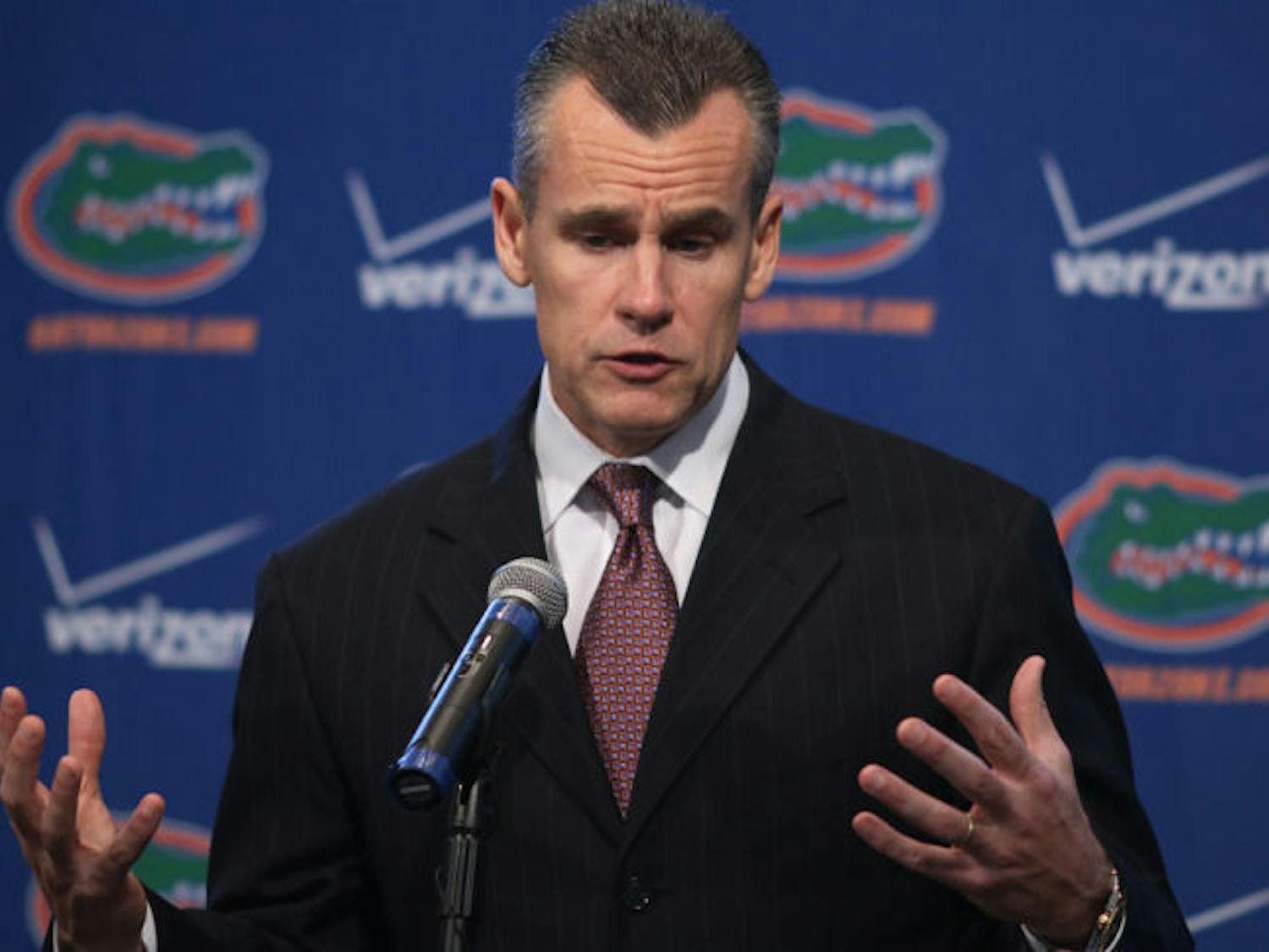 Coach Billy Donovan speaks during the Florida men’s basketball team’s annual media day at the University Women’s Club on Wednesday. The Gators will be missing several key players when practice opens Friday.