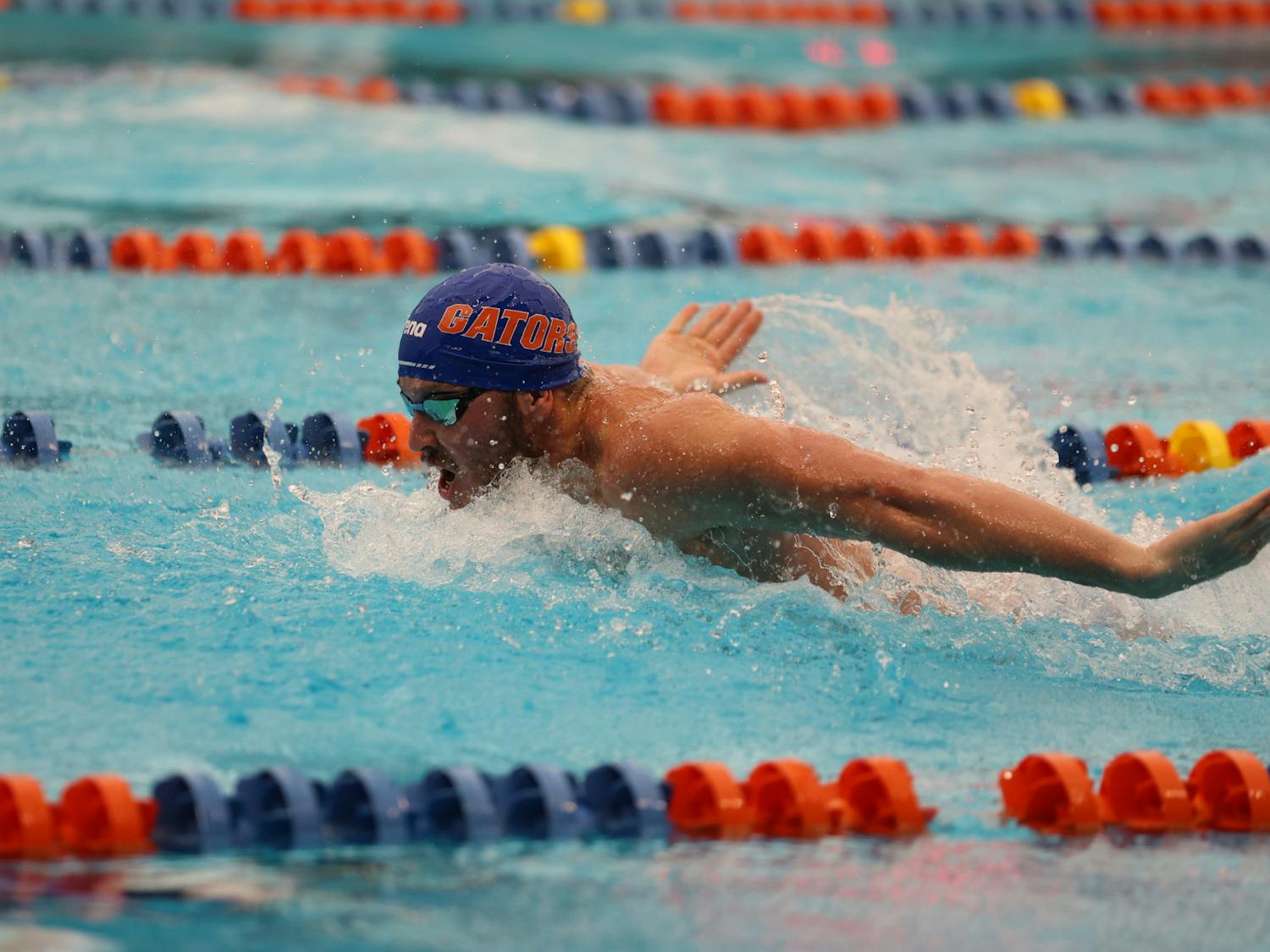  Senior Amro Al-Wir competes during the Gators' meet against the Virginia Cavaliers on Friday, October 13, 2023, at the Stephen C. O'Connell Center Natatorium in Gainesville, Florida.