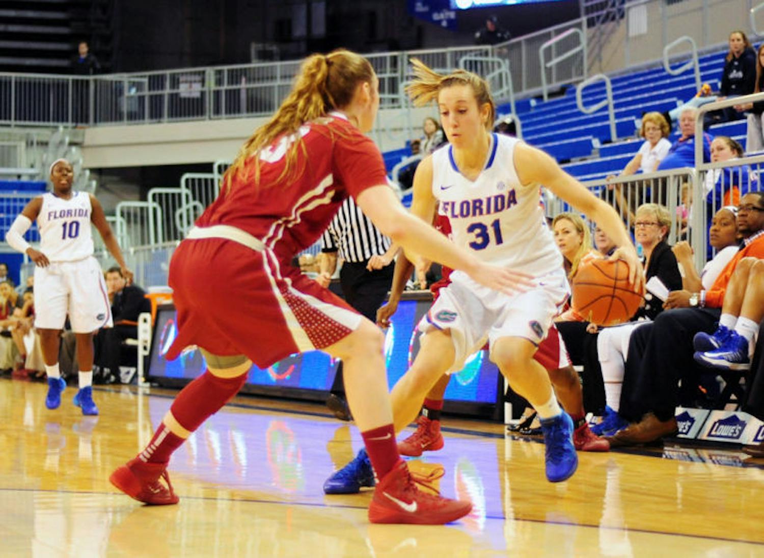 Lily Svete drives toward the net during Florida’s 75-67 win against Alabama on Thursday in the O’Connell Center. Svete scored 14 points against the Crimson Tide.