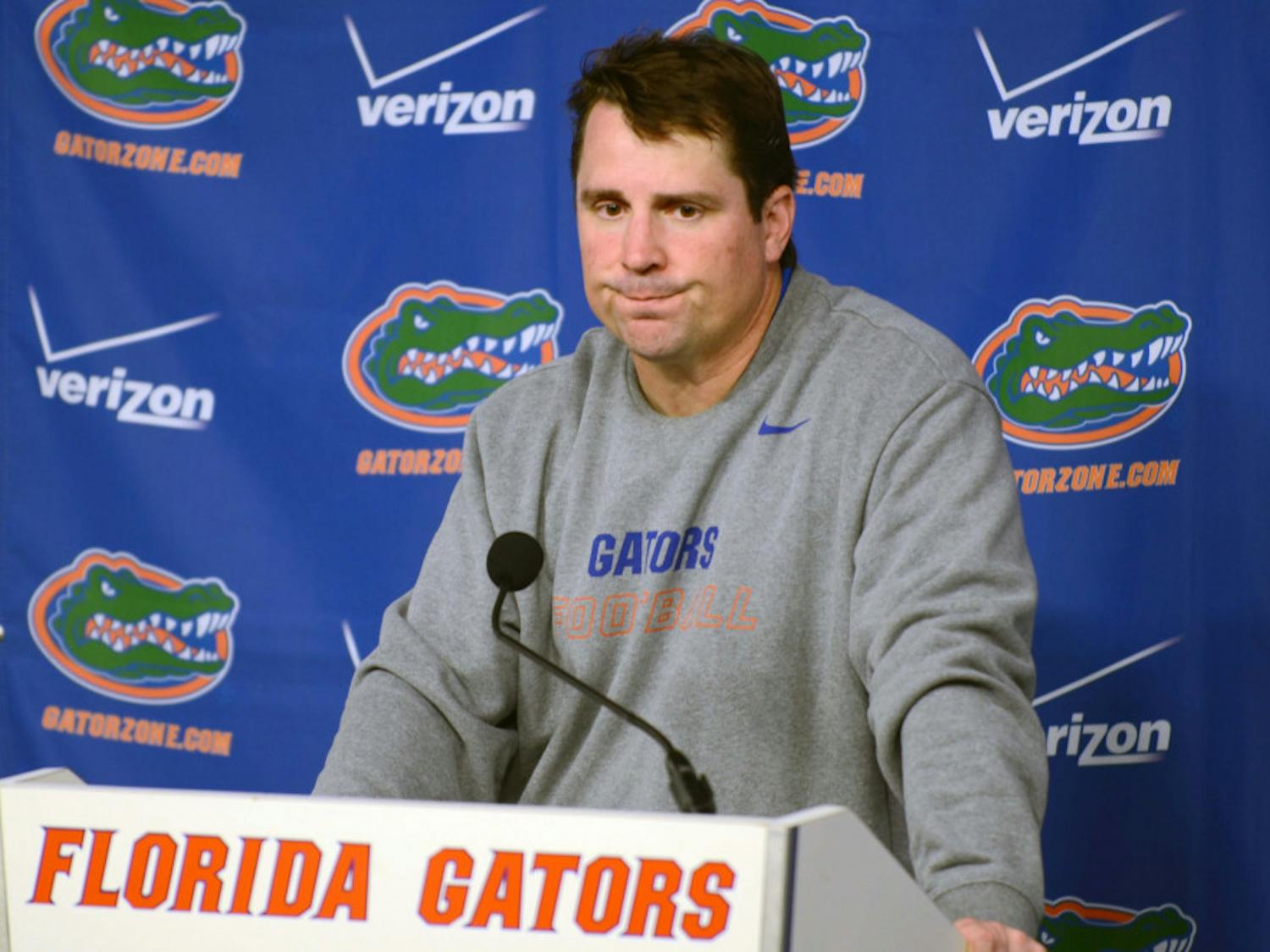 UF coach Will Muschamp speaks to reporters following Florida's 23-20 overtime loss against South Carolina on Saturday.