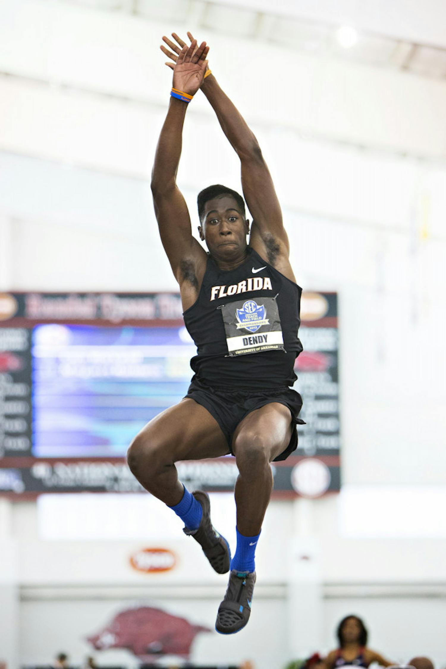 Sophomore jumper Marquis Dendy competes in the long jump at the SEC Indoor Track Championships on Feb. 23 in Fayetteville, Ark. Dendy qualified for the men's triple jump in next week's NCAA Outdoors Championships.