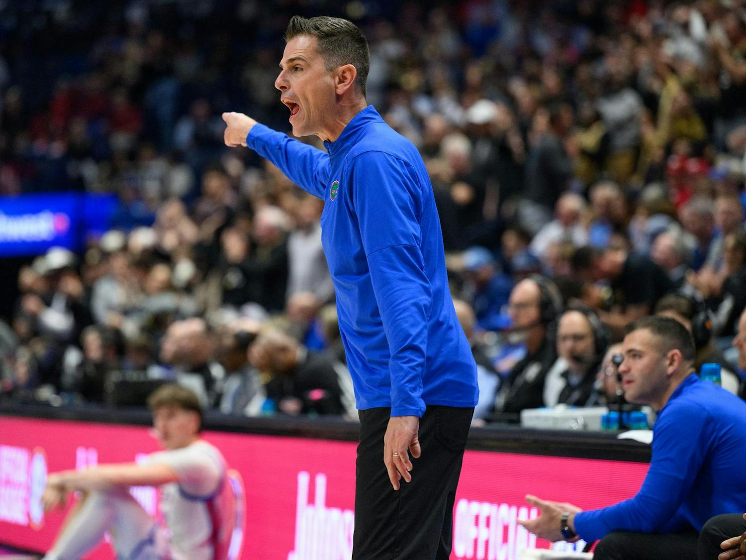 Florida head coach Todd Golden yells during the second half of an SEC Men's Basketball Tournament semifinal game against Vanderbilt, Saturday, March 14, 2026, in Nashville, Tenn.