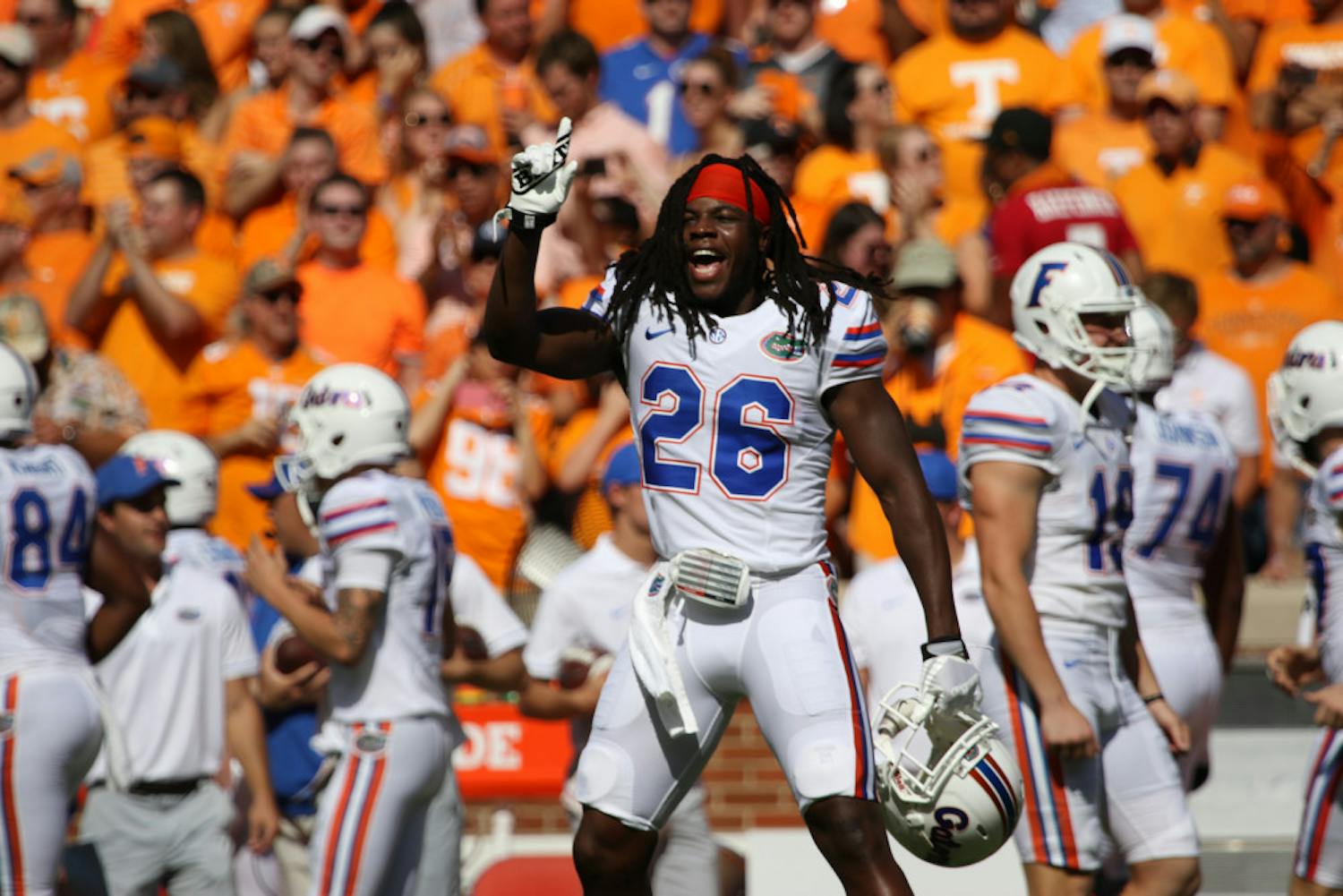 Marcell Harris celebrates during Florida's 38-28 loss against Tennessee on Sept. 24, 2016, at Neyland Stadium.