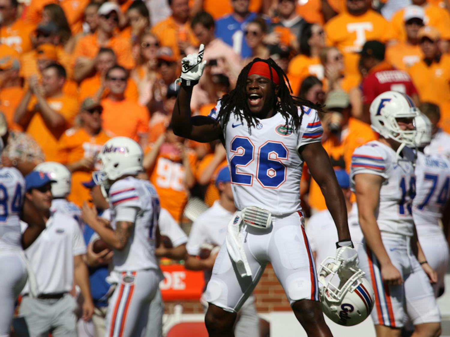 Marcell Harris celebrates during Florida's 38-28 loss against Tennessee on Sept. 24, 2016, at Neyland Stadium.