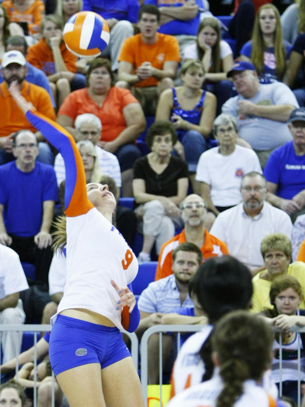 <p>Ziva Recek spikes the ball over the net in Florida’s 3-0 win against Arkansas on Oct. 5, 2012, in the O’Connell Center.</p>