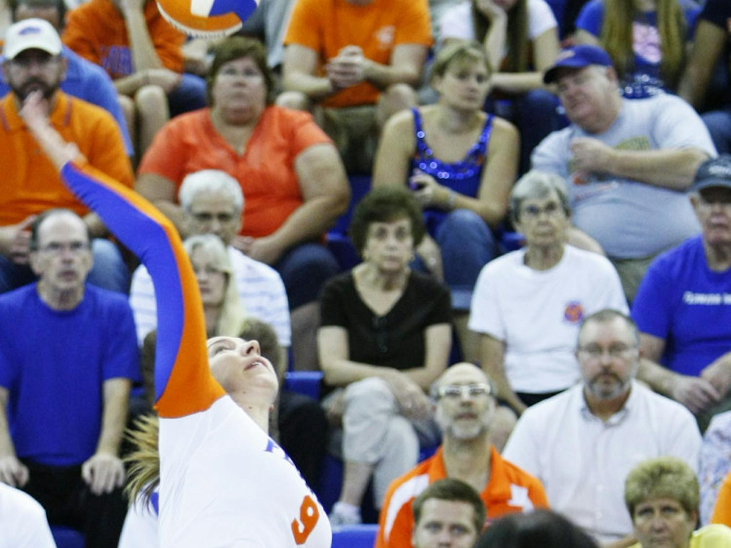 Ziva Recek spikes the ball over the net in Florida’s 3-0 win against Arkansas on Oct. 5, 2012, in the O’Connell Center.