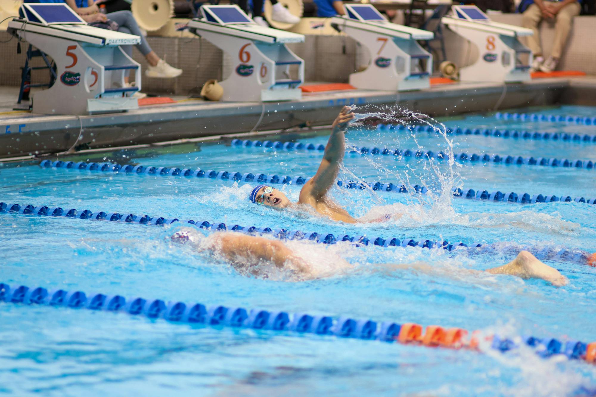Gators swimmer Brennan Gravley races against the Florida Atlantic Owls Friday, Jan. 13, 2023. 