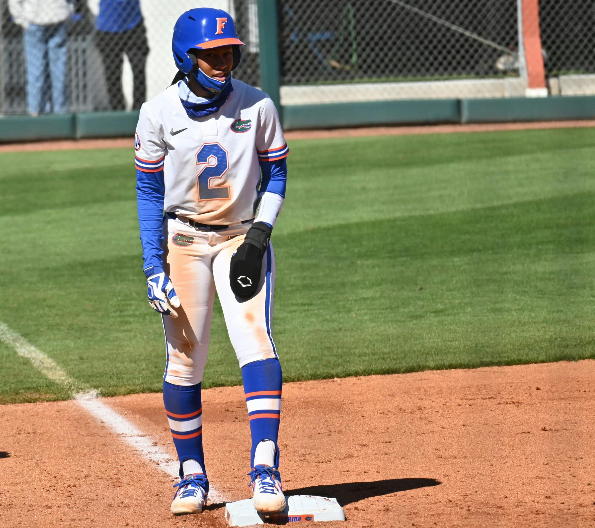 Florida center fielder Cheyenne Lindsey smacked a single down the first base line to drive in two runs Saturday. Photo from UF-Charleston game Feb. 20.
