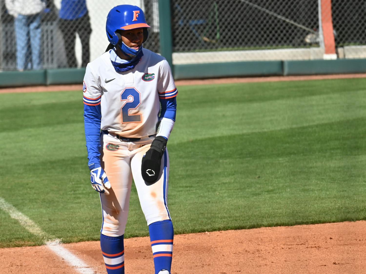 Florida center fielder Cheyenne Lindsey smacked a single down the first base line to drive in two runs Saturday. Photo from UF-Charleston game Feb. 20.