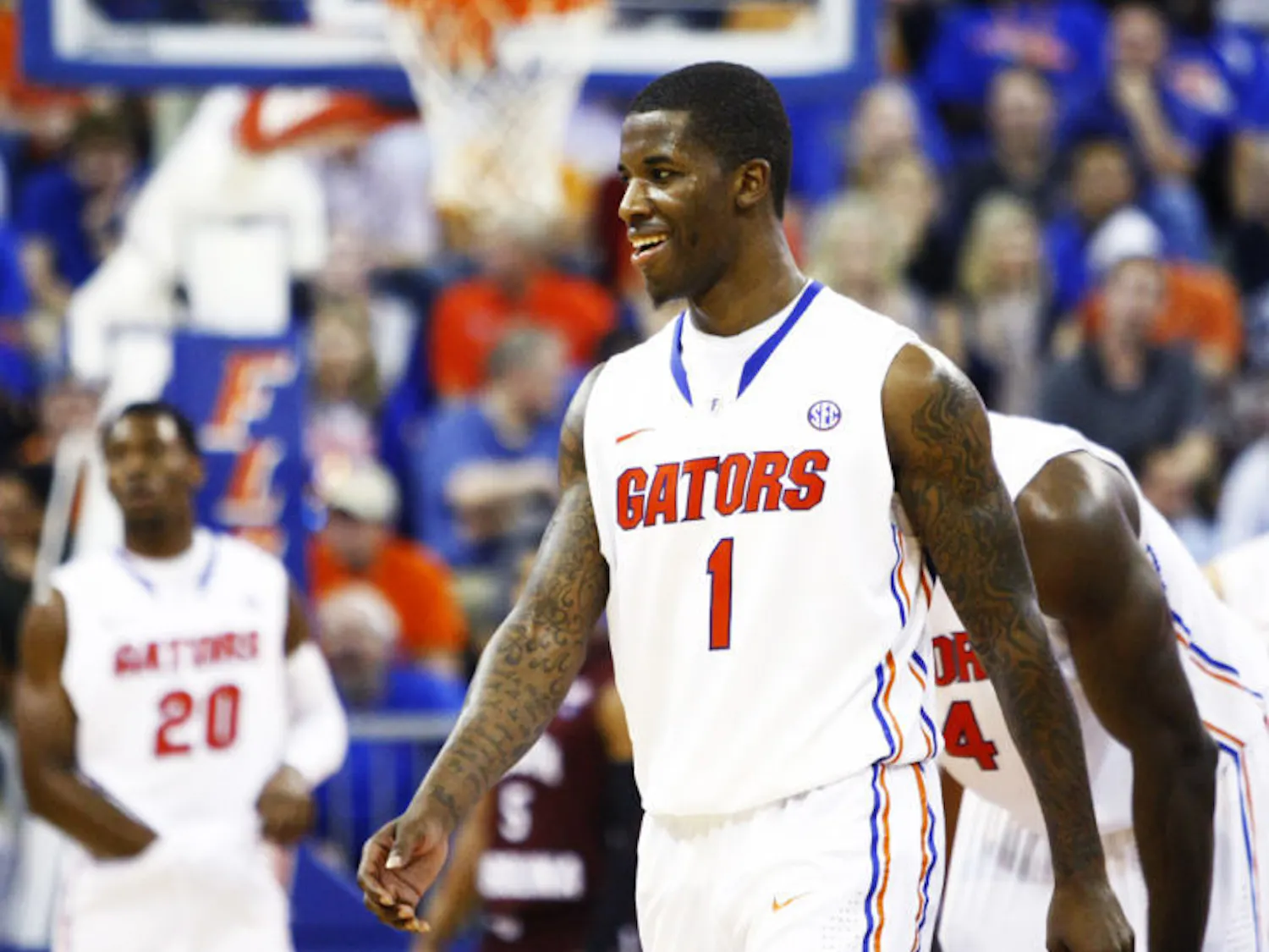 Senior guard Kenny Boynton (1) walks off the court during Florida’s 75-36 victory against South Carolina on Wednesday night in the O’Connell Center. The Gators are the last remaining unbeaten team in Southeastern Conference play.