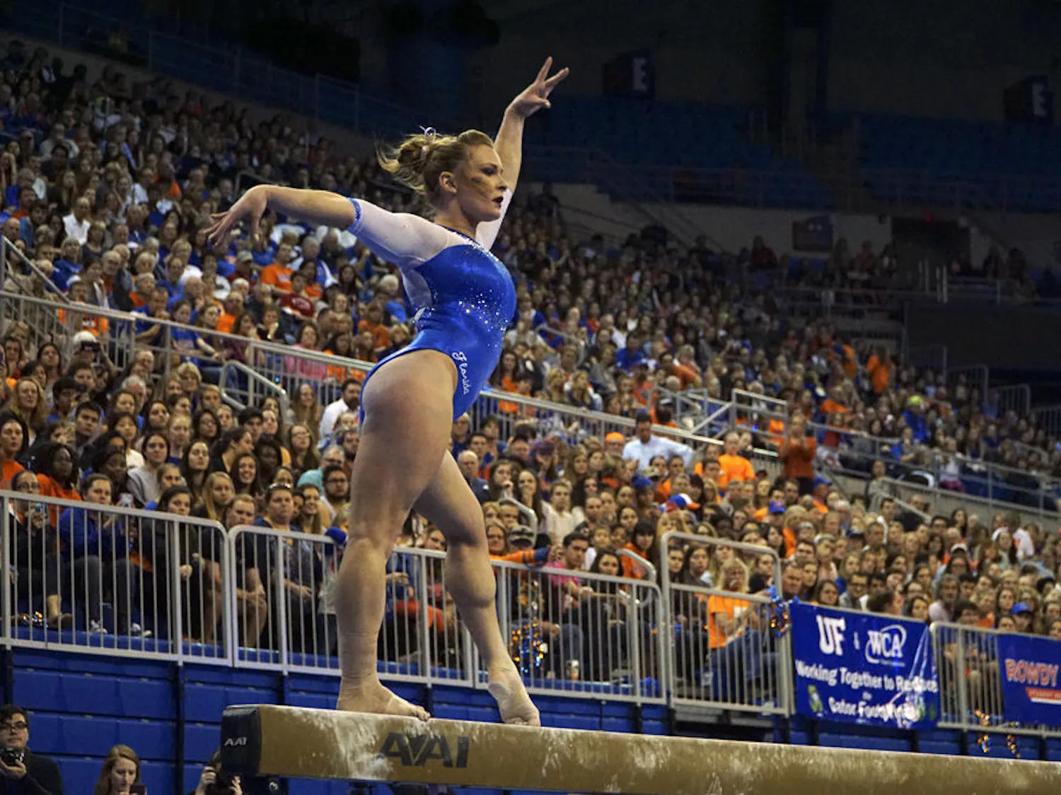Bridget Sloan performs on the balance beam during Florida's 197.675 to 196.925 over UCLA on Jan. 15, 2016 in the O'Connell Center. 