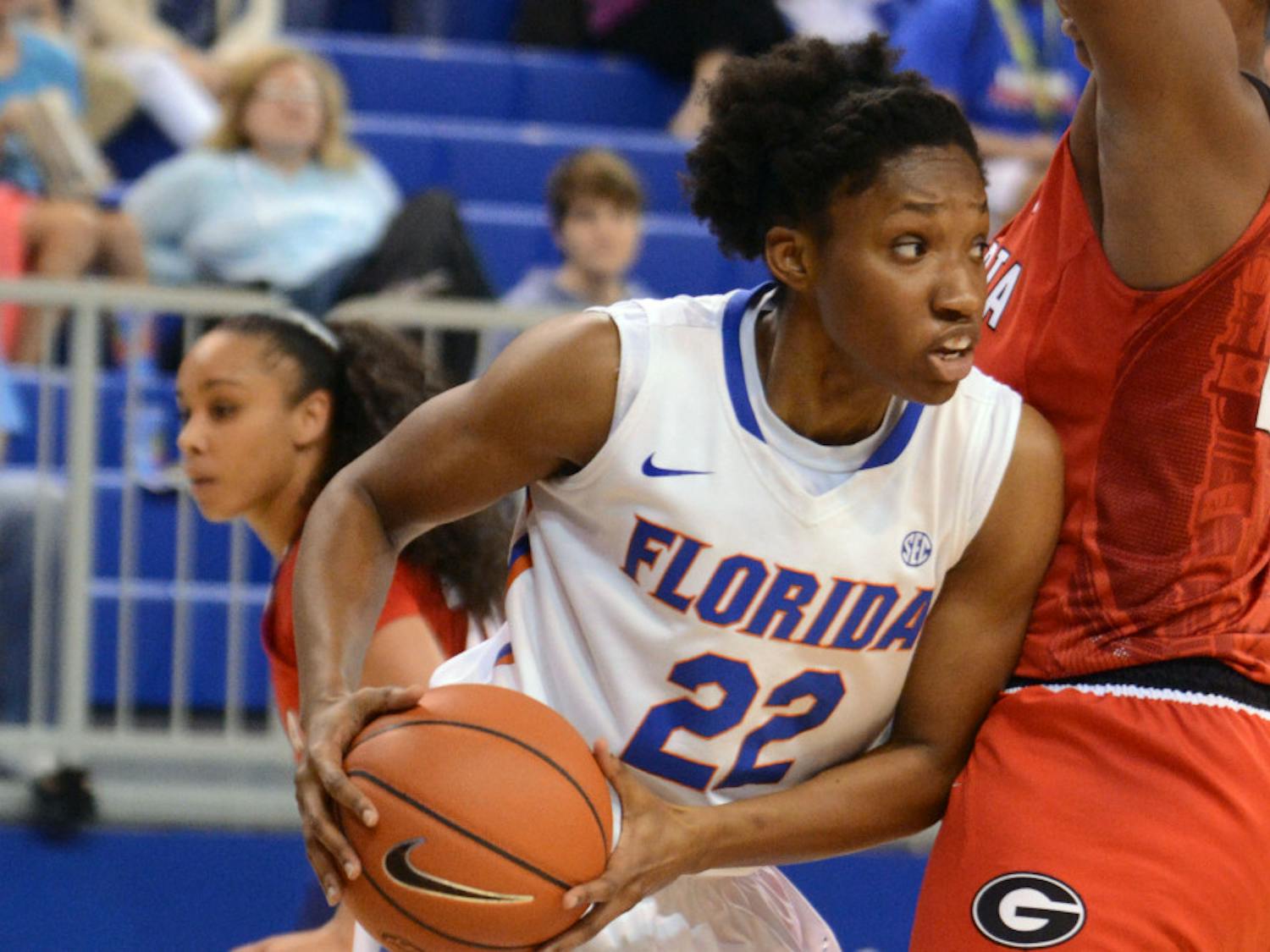 Kayla Lewis drives into the paint during Florida's 52-45 loss to Georgia on Sunday in the O'Connell Center.