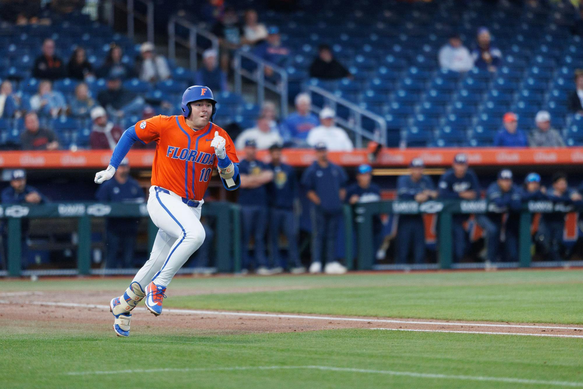 Florida infielder Ethan Surowiec (10) runs to first base during an NCAA baseball game against Florida International University, Wednesday, Feb. 25, 2026, in Gainesville, Fla.
