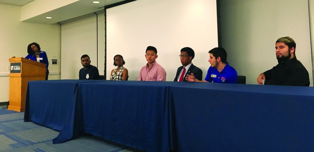 From Left: Analesa Clarke, Ronit Dastidar, Nyasha Joseph, John Kim, Ian Green, Robert Lemus and Alex Chaves discuss mental health in a panel on Tuesday. The event was during the first day of Student Government's annual Mental Health Awareness Week.