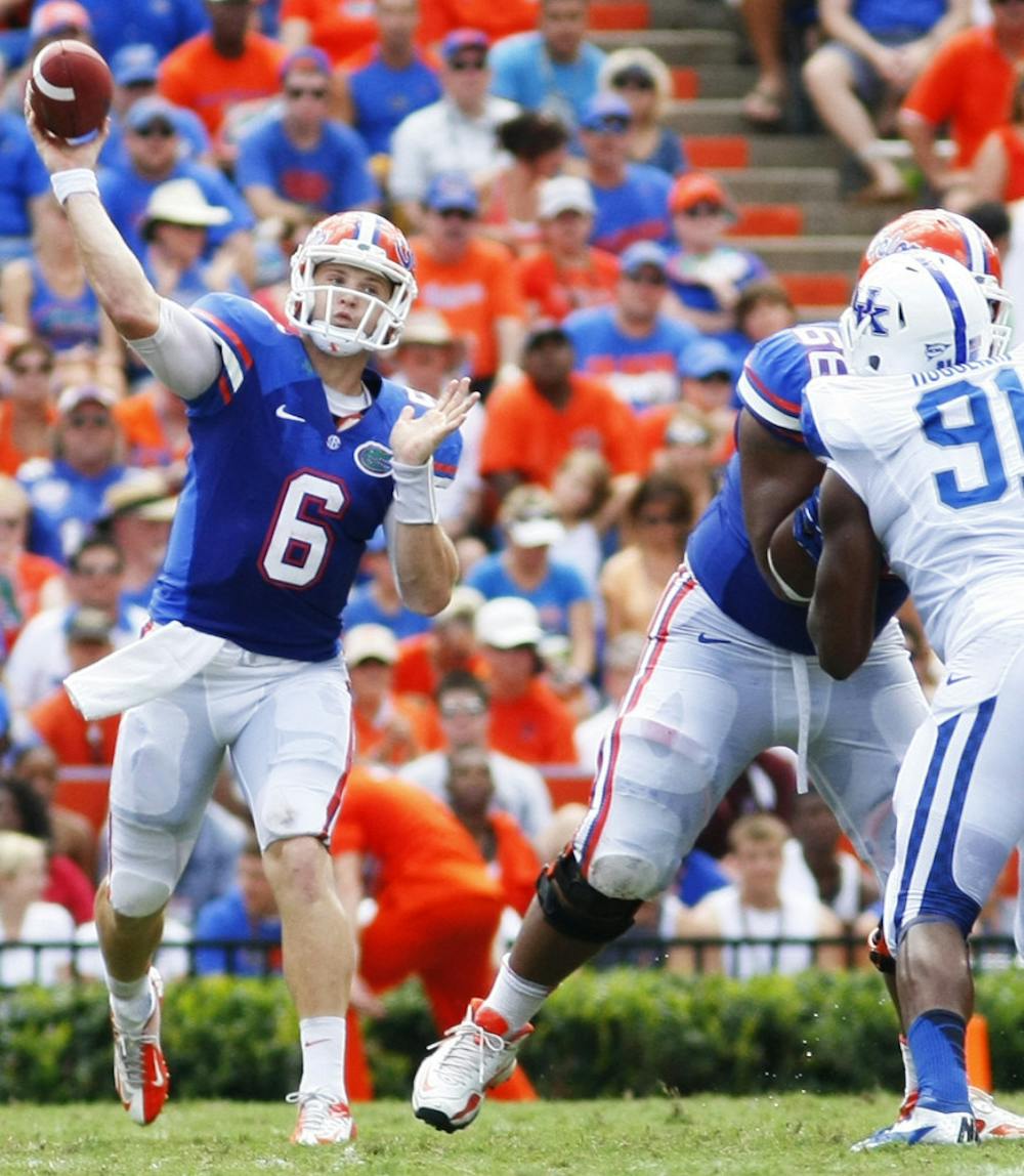 <p>Jeff Driskel throws a pass during Florida’s 38-0 win against Kentucky at Ben Hill Griffin Stadium on Sept. 22. Driskel is expected to begin practicing in two weeks.</p>