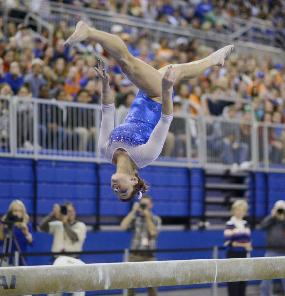 Bridget Sloan performs on the balance beam during Florida’s win against Georgia on Jan. 24 in the O’Connell Center.&nbsp;