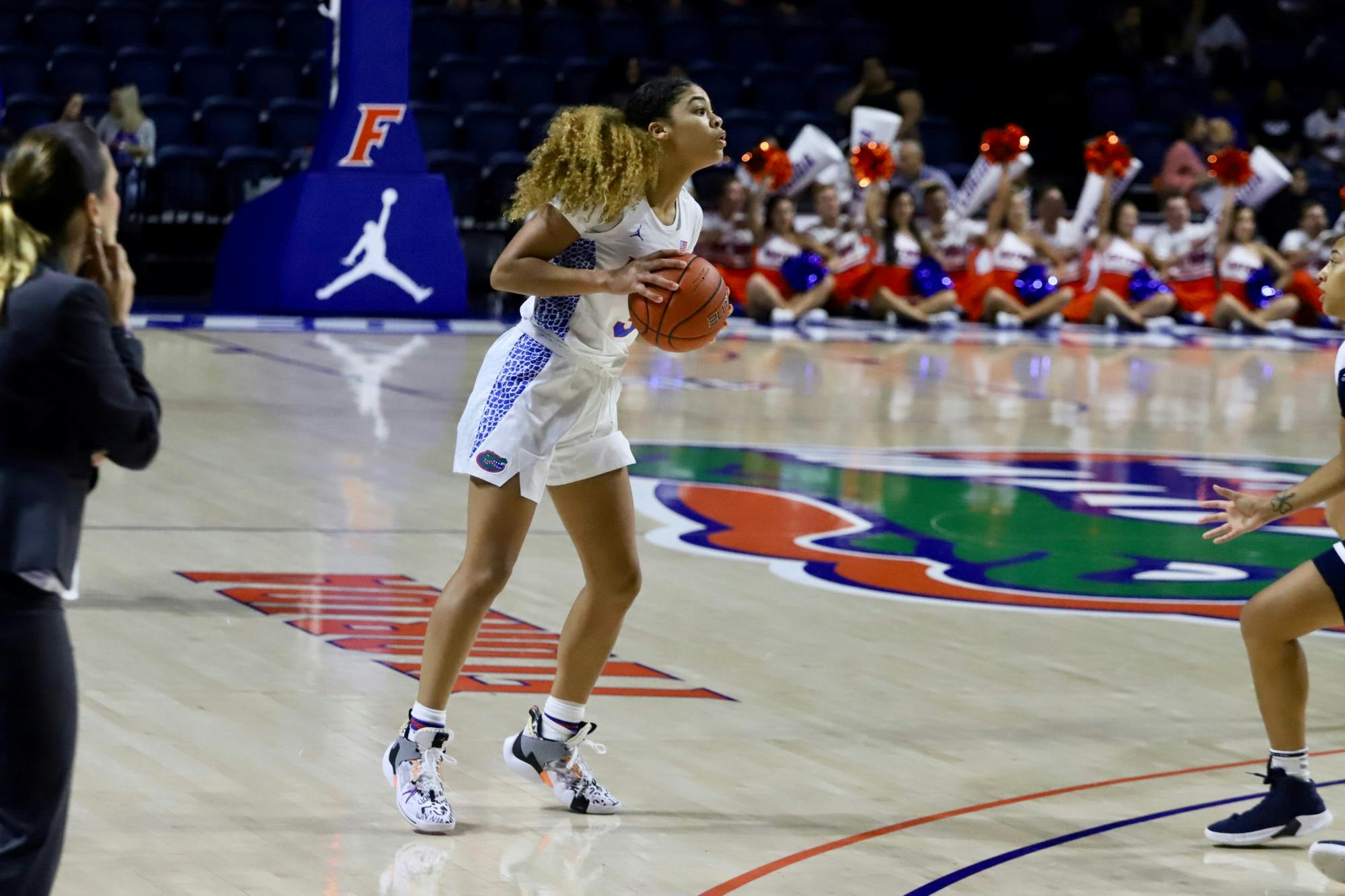 Gator guard Lavender Briggs facing Longwood University in November 2019. The Utah native scored nearly 1,000 points in over two seasons with the Gators.