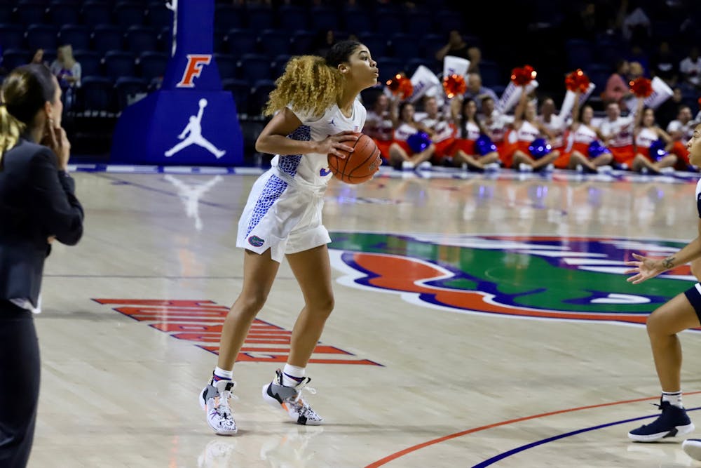 <p>Gator guard Lavender Briggs facing Longwood University in November 2019. The Utah native scored nearly 1,000 points in over two seasons with the Gators.</p>