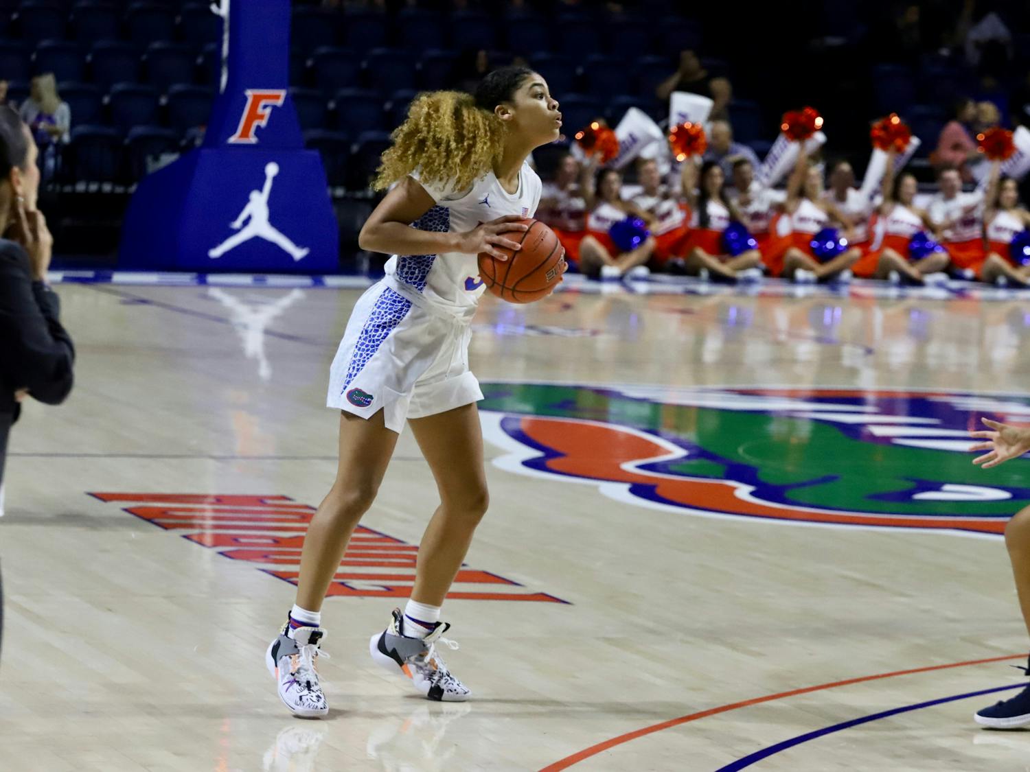 Gator guard Lavender Briggs facing Longwood University in November 2019. The Utah native scored nearly 1,000 points in over two seasons with the Gators.