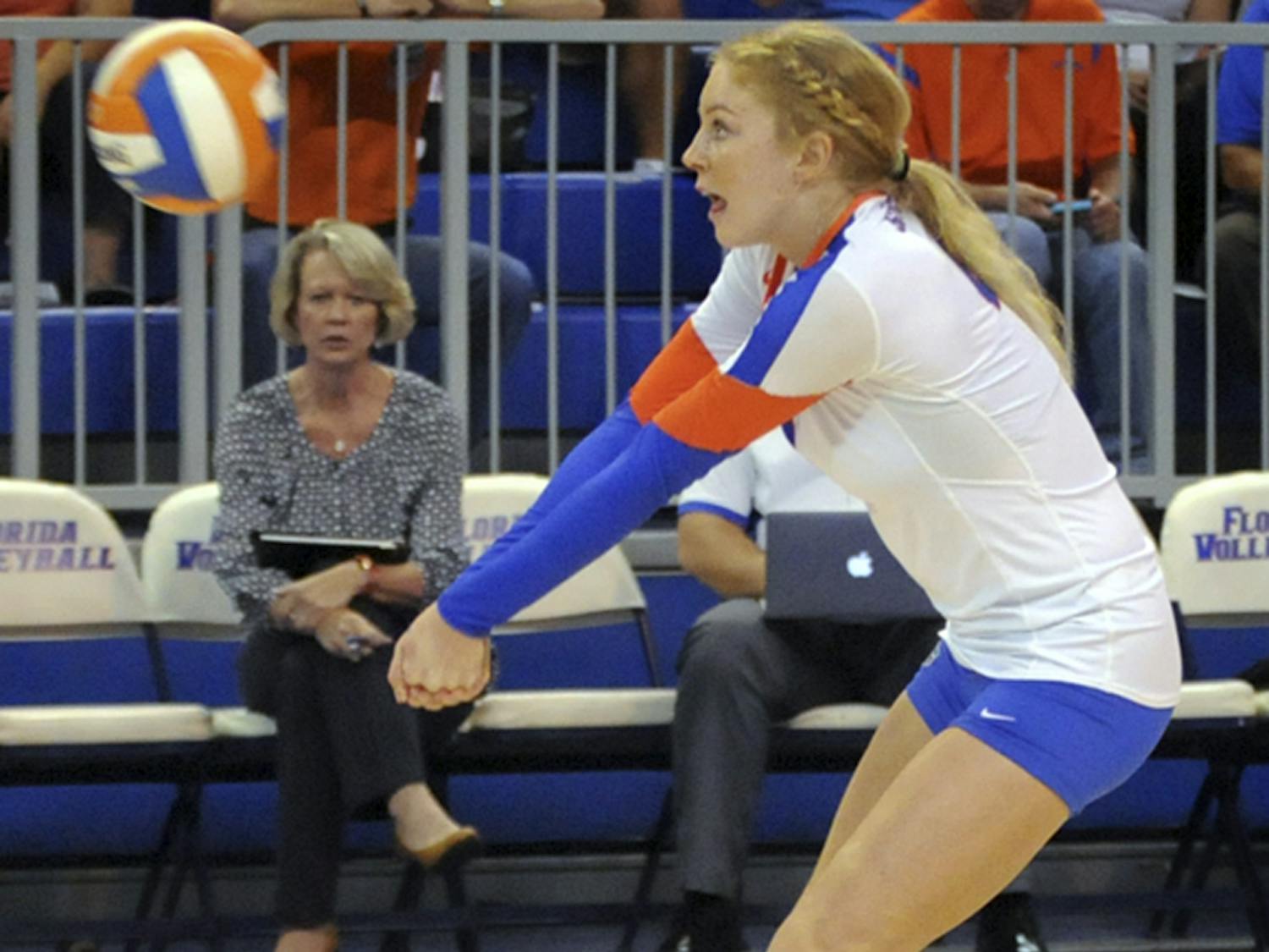 UF outside hitter Carli Snyder passes a ball during Florida's 3-0 win against Texas A&amp;M on Oct. 9, 2015, in the O'Connell Center.