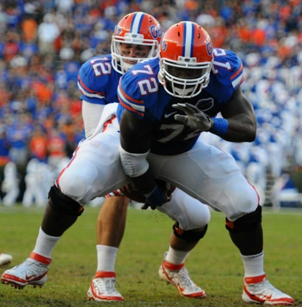 <p>Florida center Jonotthan Harrison and the Gators offensive line has yet to allow a sack through two games this season — only one of 10 teams in the nation to do so.</p>