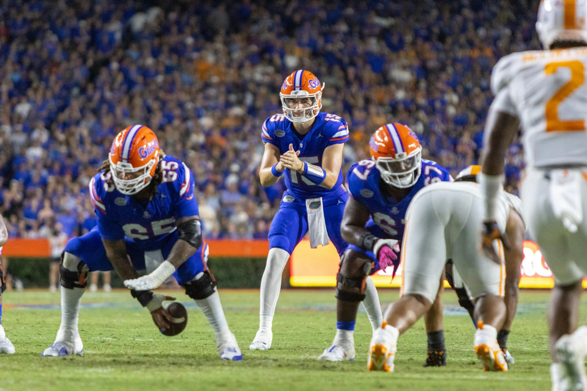 Redshirt junior Graham Mertz prepares to snap the ball in the Gators' 29-16 win against the Tennessee Volunteers Saturday, Sept. 16, 2023.