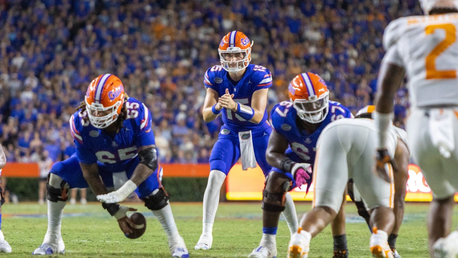 Redshirt junior Graham Mertz prepares to snap the ball in the Gators' 29-16 win against the Tennessee Volunteers Saturday, Sept. 16, 2023.