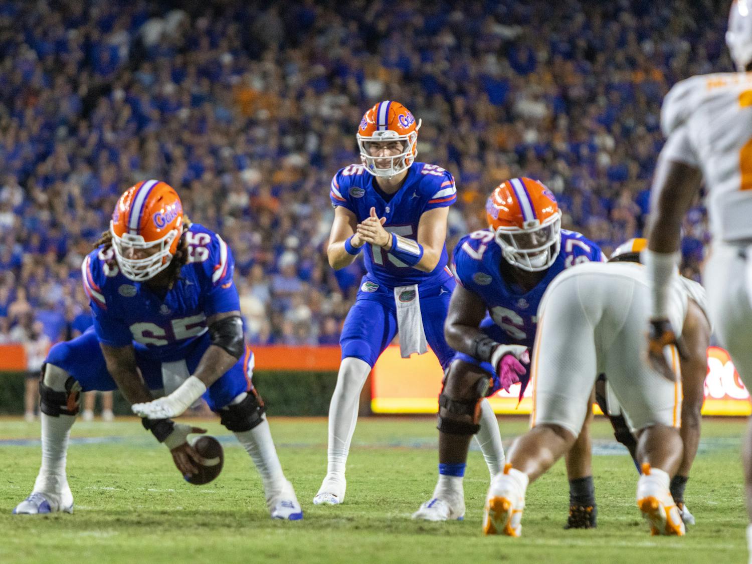Redshirt junior Graham Mertz prepares to snap the ball in the Gators' 29-16 win against the Tennessee Volunteers Saturday, Sept. 16, 2023.