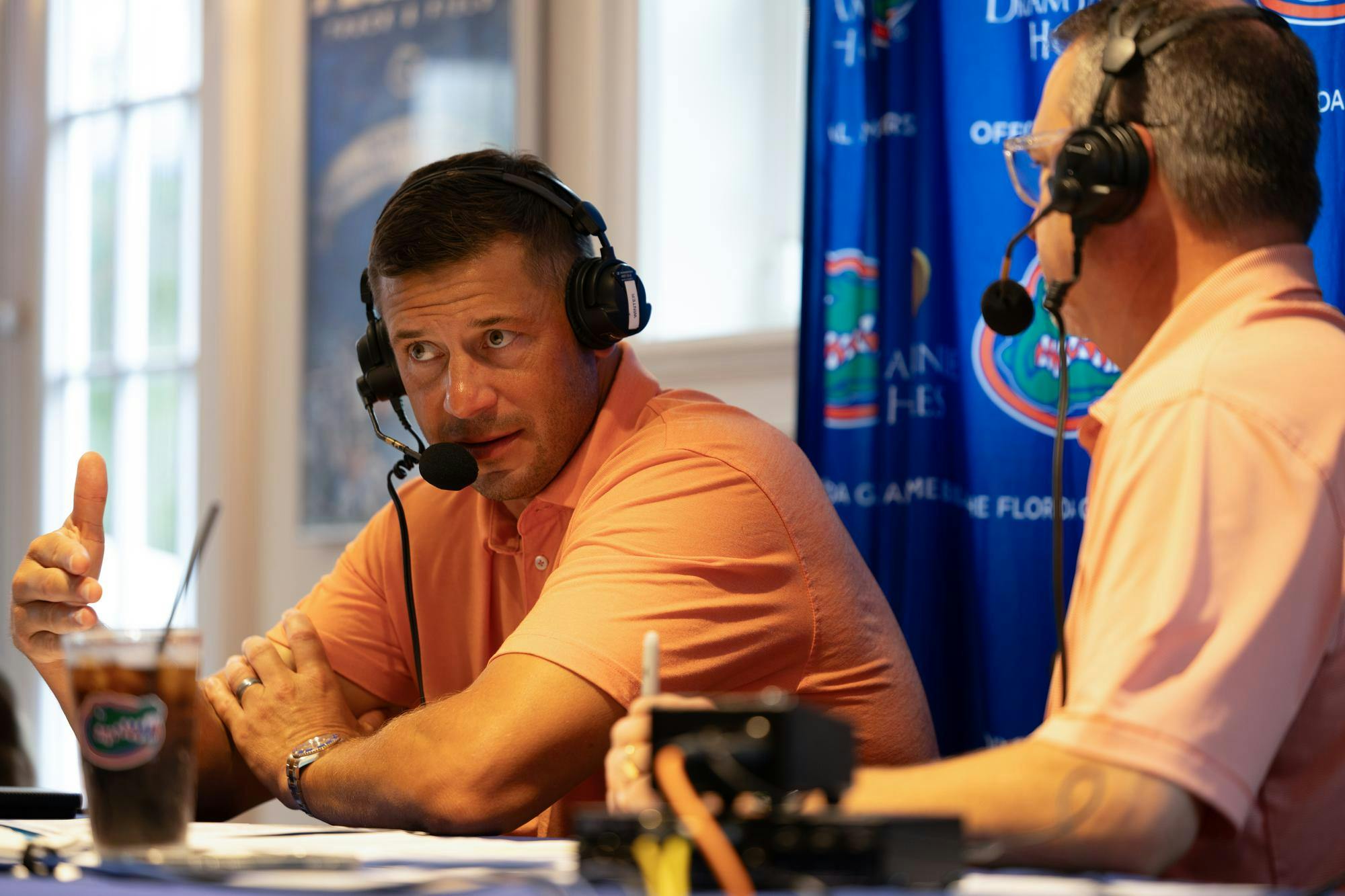 Florida head coach Jon Sumrall speaks to Voice of the Gators Sean Kelley during a “Gator Talks” event at The Swamp Restaurant, Monday, Sept. 14, 2026, in Gainesville, Fla.