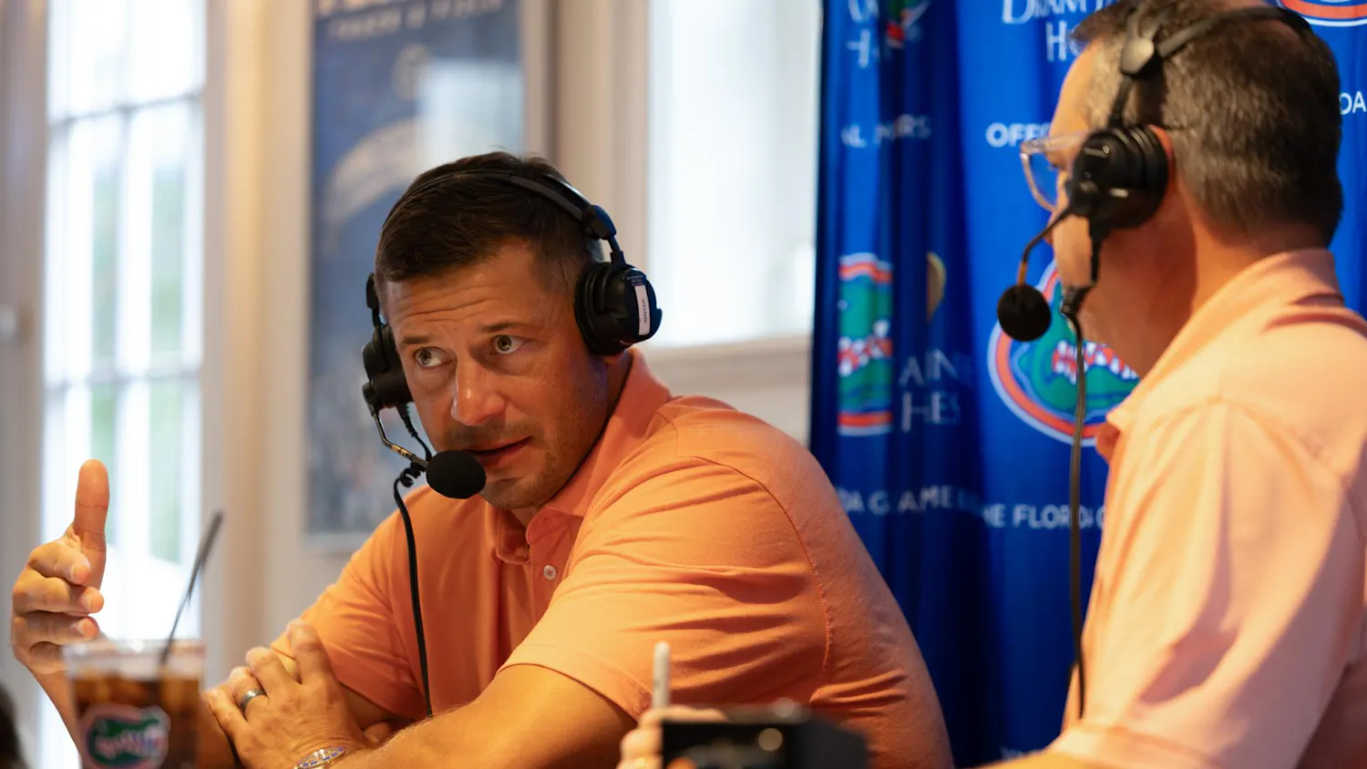 Florida head coach Jon Sumrall speaks to Voice of the Gators Sean Kelley during a “Gator Talks” event at The Swamp Restaurant, Monday, Sept. 14, 2026, in Gainesville, Fla.