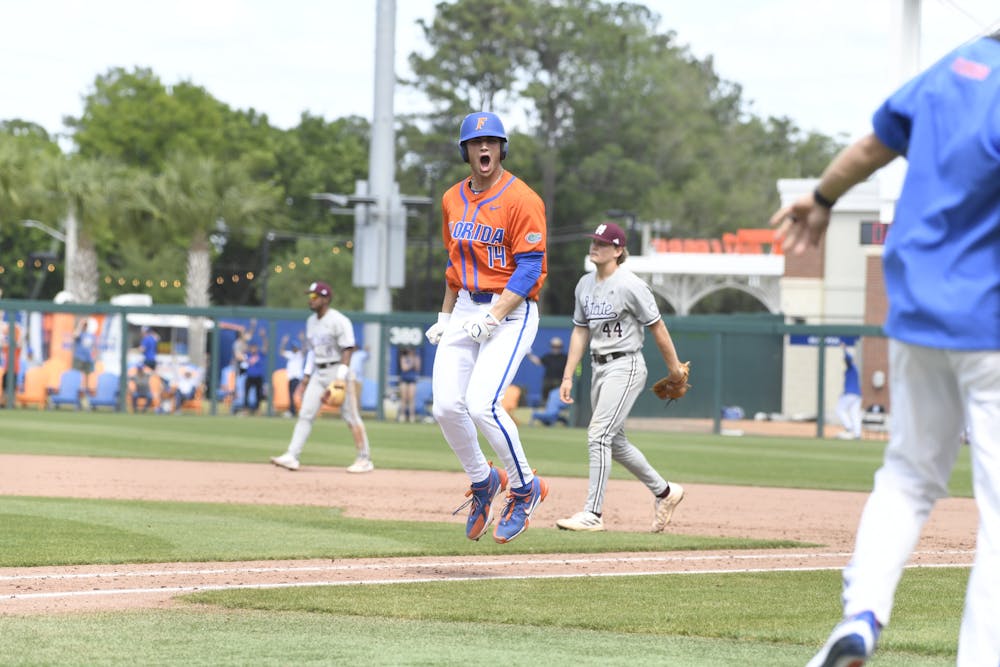 Gators junior two-way player Jac Caglianone energized after hitting a walk-off, two-run home run to defeat Mississippi State 4-3 on Sunday, March 31, 2024. 