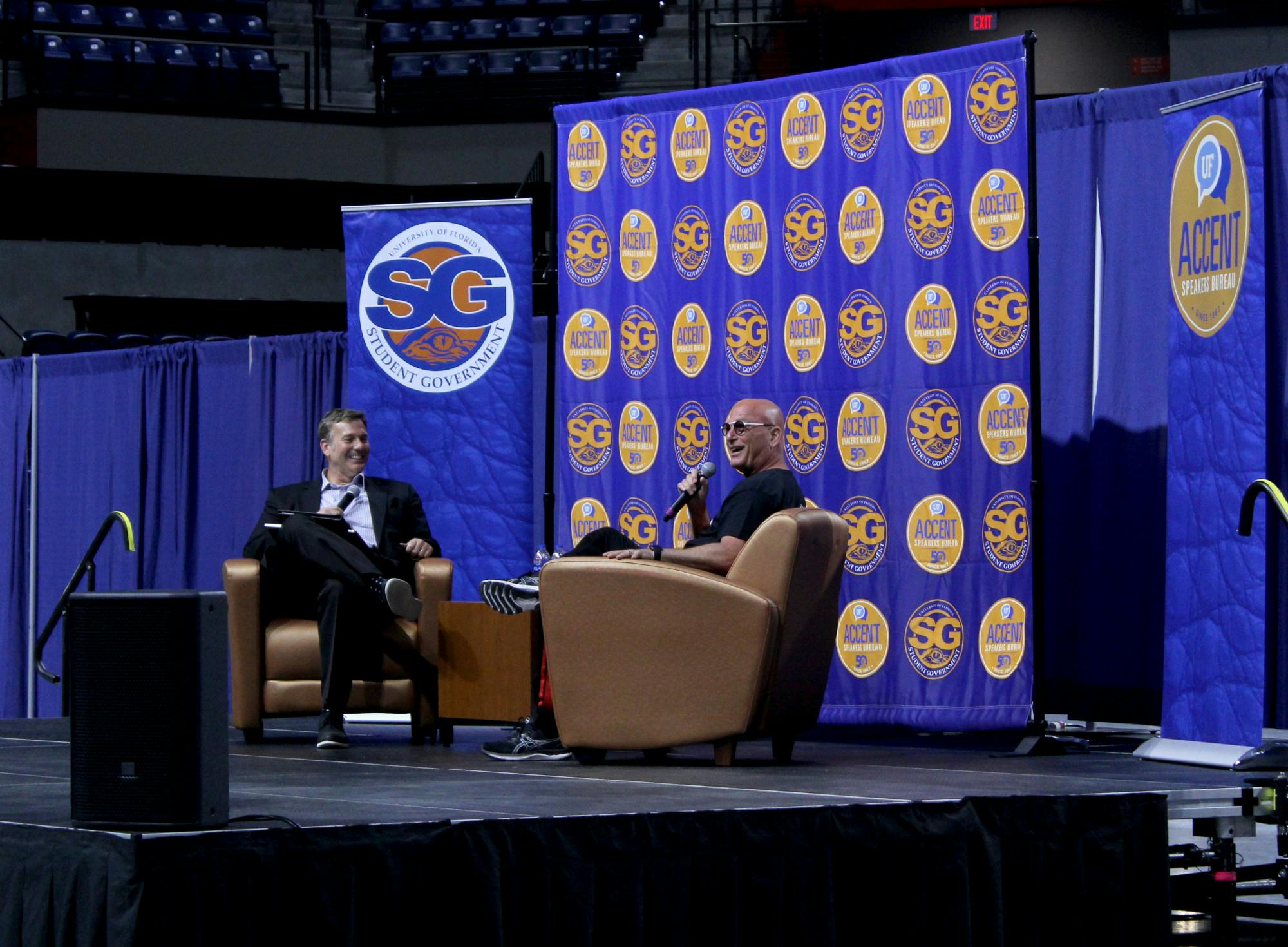 UF journalism department chair Ted Spiker interviews Howie Mandel, a comedian who is known for hosting "Deal or No Deal" and judging "X Factor" at the Stephen C. O'Connell Center on Monday, Feb. 28. 