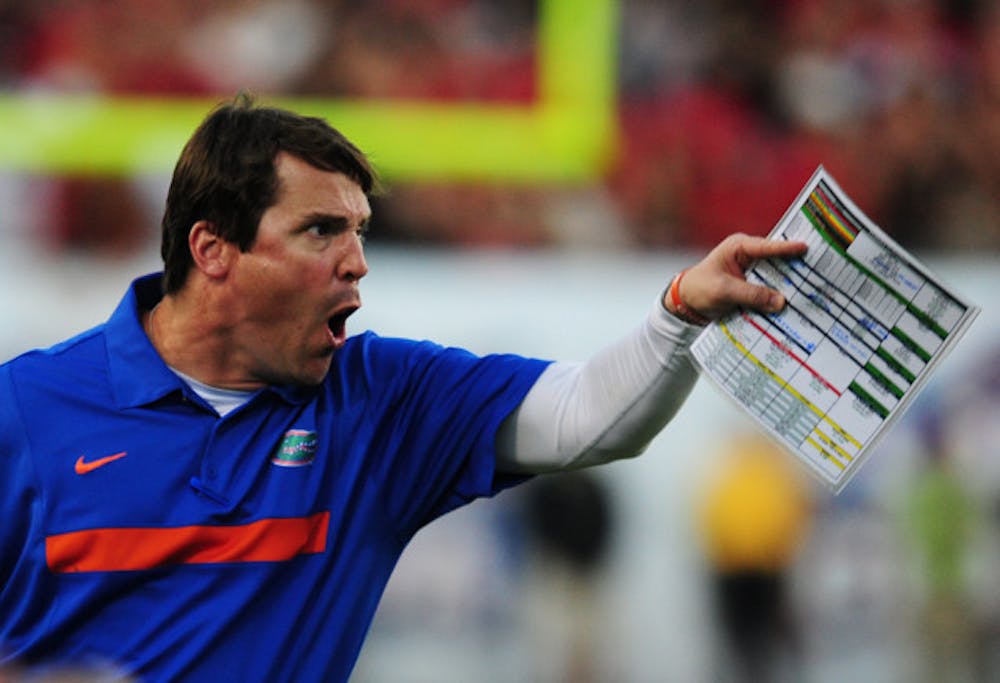 <p>Coach Will Muschamp reacts to a pass interference penalty during the second half of Florida’s 24-20 loss to Georgia on Oct. 29, 2011. The Gators have a chance to avenge last year's loss against the Bulldogs on Saturday in Jacksonville.</p>
<p>&nbsp;</p>