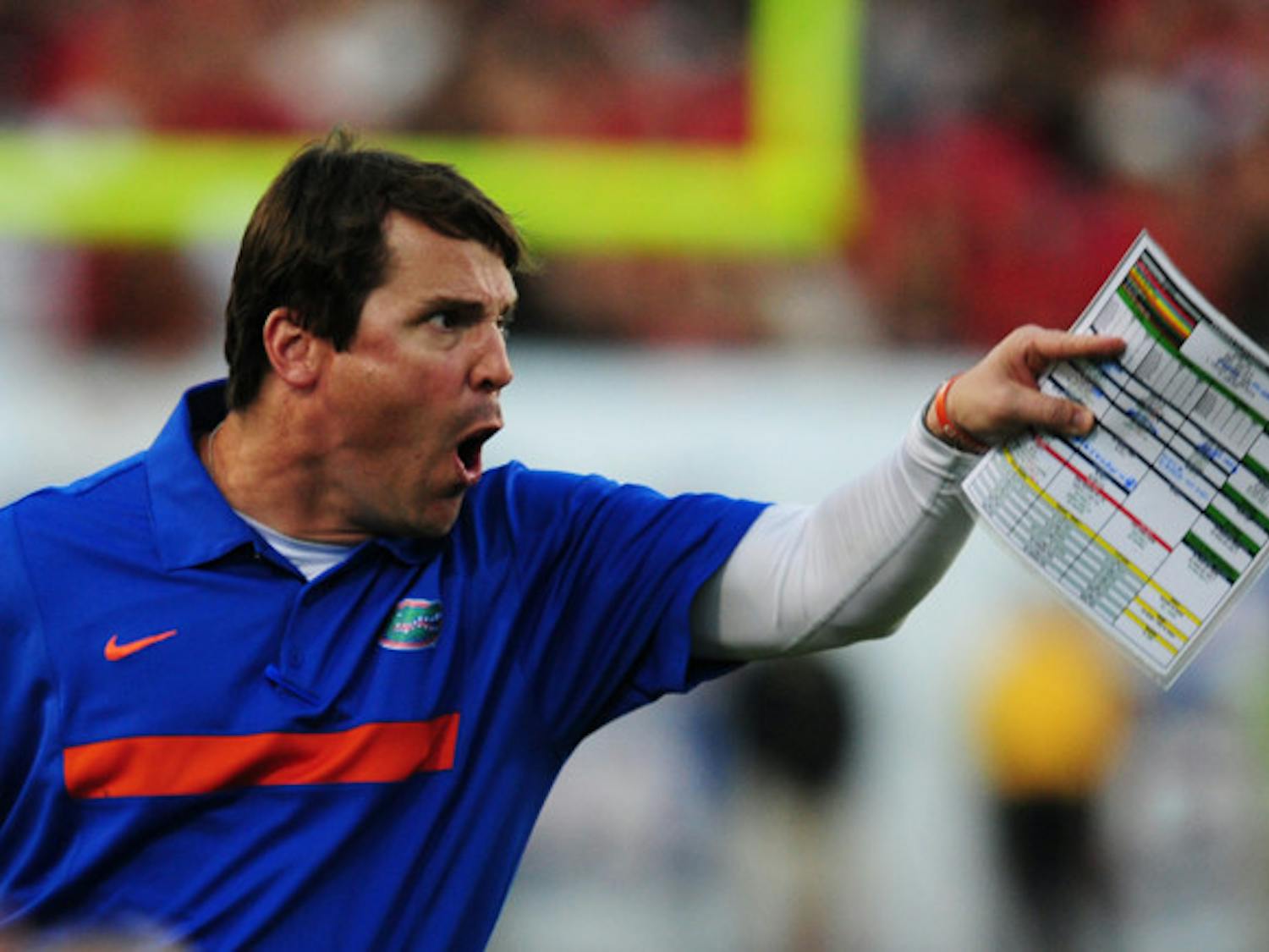 Coach Will Muschamp reacts to a pass interference penalty during the second half of Florida’s 24-20 loss to Georgia on Oct. 29, 2011. The Gators have a chance to avenge last year's loss against the Bulldogs on Saturday in Jacksonville.
