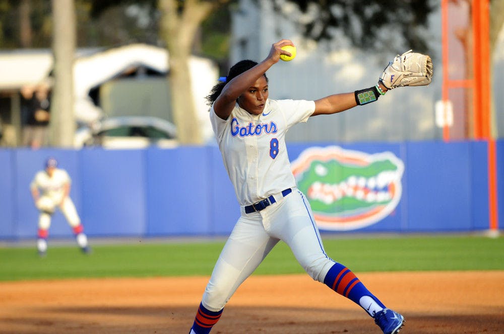 Aleshia Ocasio pitches in the first game of Florida's doubleheader against Jacksonville on Feb. 17, 2016, at Katie Seashole Pressly Stadium.